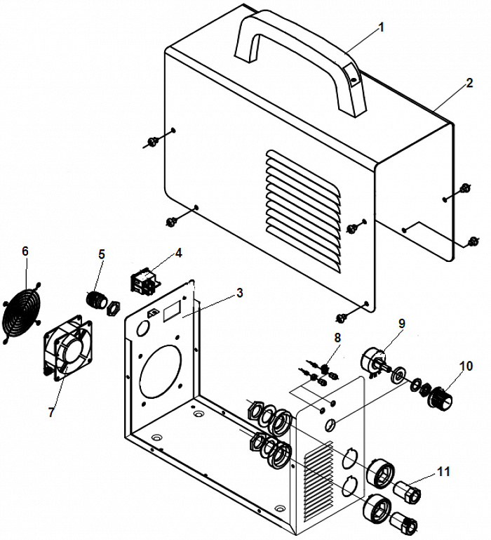 1 КОРПУС - ВЕНТИЛЯТОР - РЕГУЛЯТОР ИНВЕРТОР СВАРОЧНЫЙ CHAMPION IW-180/8,4A MINI