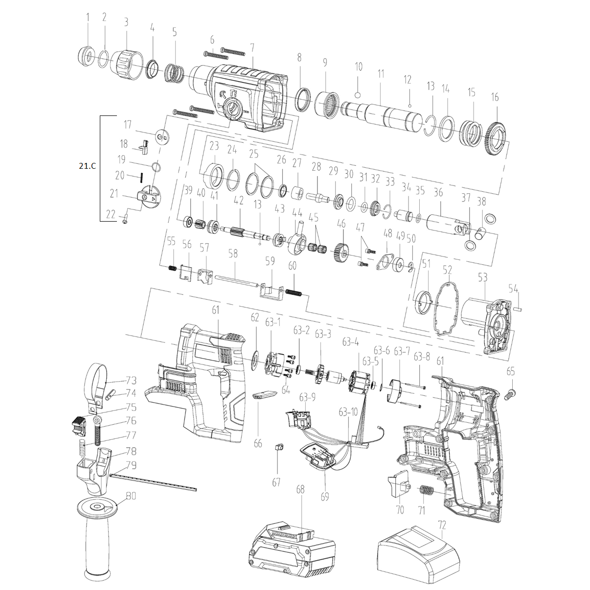 Бесщеточный перфоратор, без АКБ, в коробке PB-260